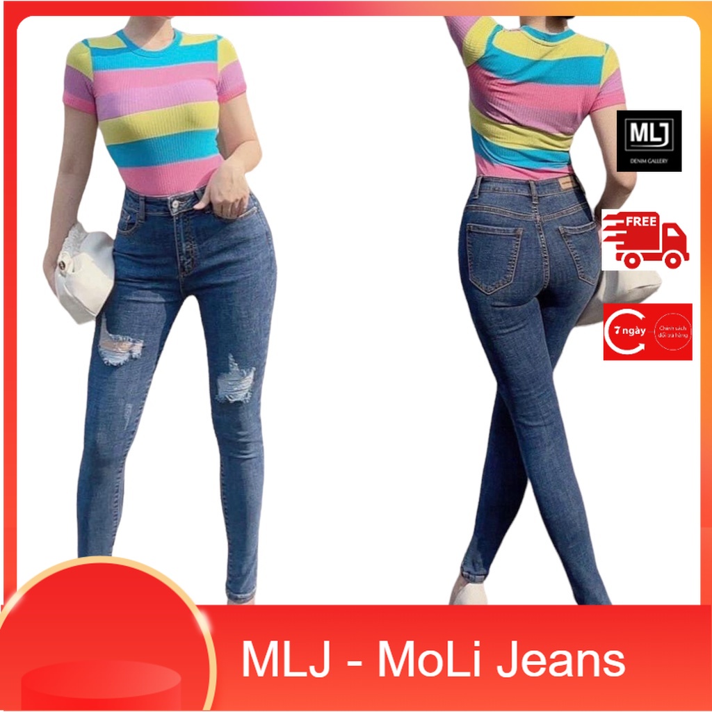 Quần jeans dài BigSize lưng cao, co dãn mạnh, màu xanh đậm rách kiểu 4257