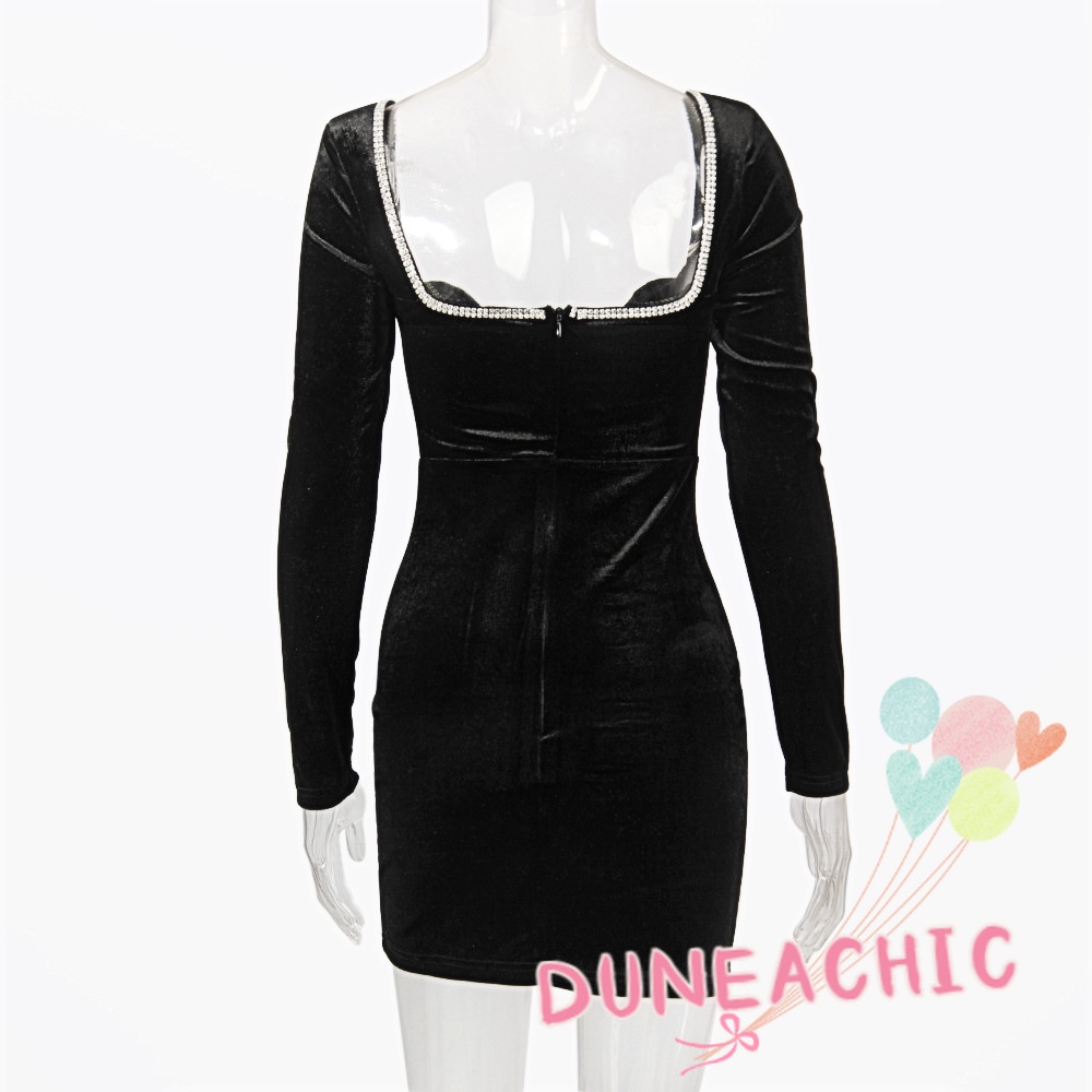 DUNEA Đầm Nhung Đen Dài Tay Cổ Chữ V Khoét Sâu Hở Lưng Gợi Cảm Cho Nữ
