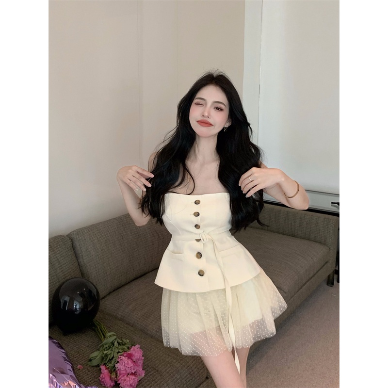 Cocory vn Set Áo Ống + Chân Váy Lưới Lưng Cao Thời Trang Quyến Rũ Cho Nữ