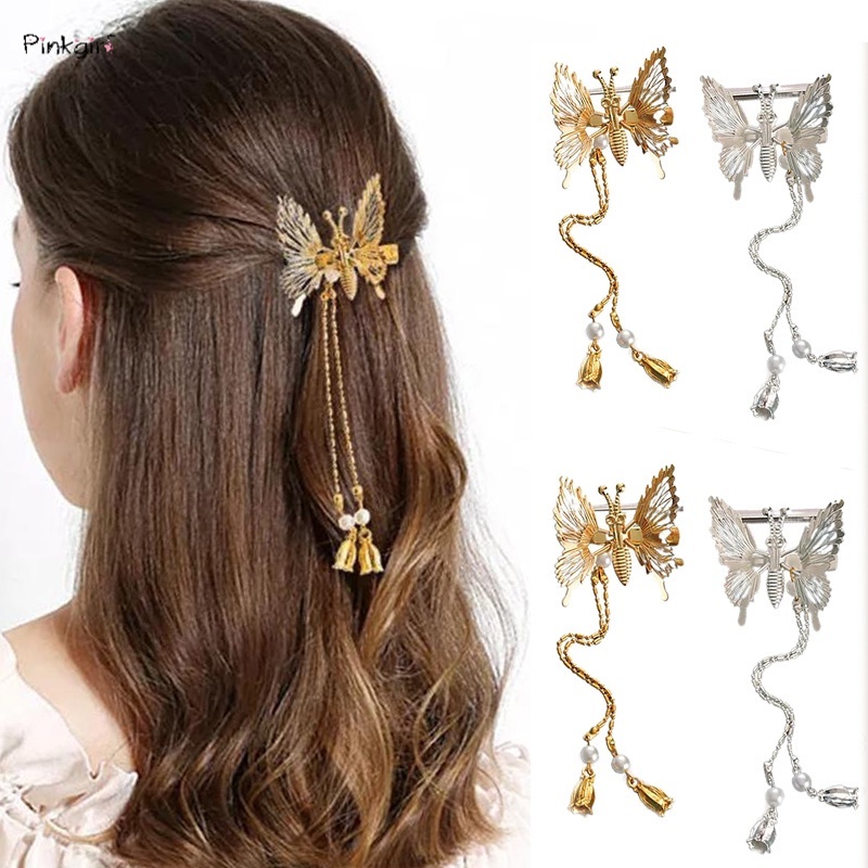 Kẹp Tóc Hình Hoa Bướm Đính Ngọc Trai Phối Tua Rua Thời Trang Cho Nữ