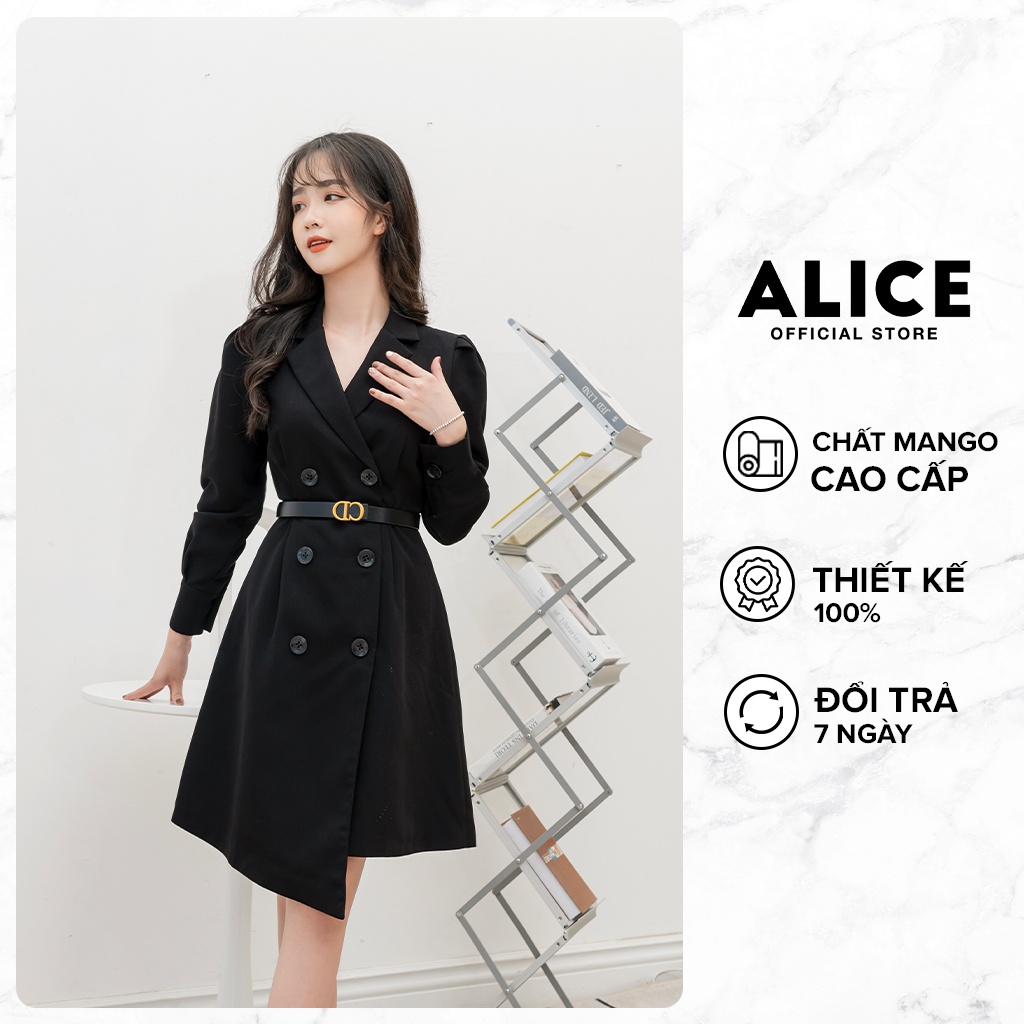 Váy Dài Tay Công Sở Màu Đen ALICE Thiết Kế Trẻ Trung Kèm Belt, Chất Liệu Mango Cao Cấp V726