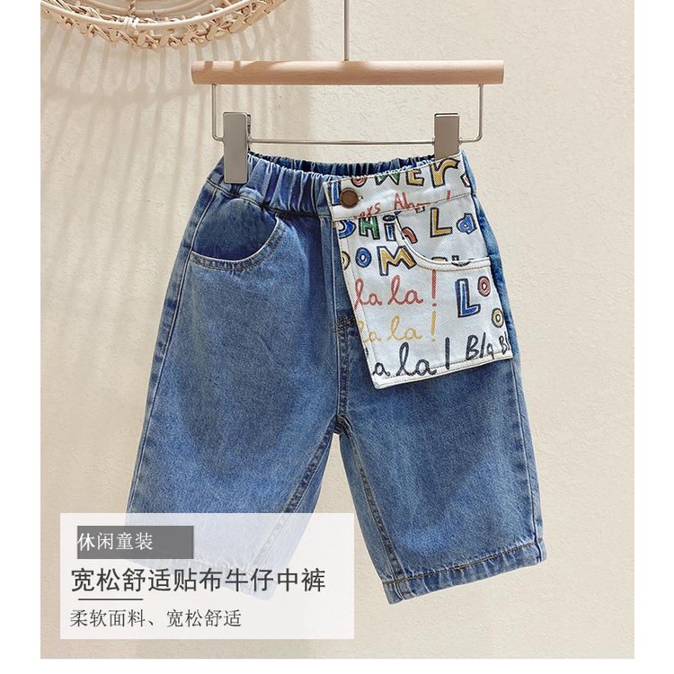 Quần Short Jean Mỏng Dáng Rộng In Chữ Kiểu Hàn Quốc Thời Trang Mùa Hè Mới Cho Bé Trai