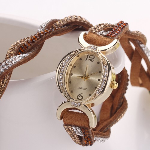 Đồng hồ đeo tay dây da lộn đính đá trang trí dành cho nữ
