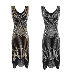 ღleeesins ღWomen Vintage 1920s Bead Fringe Sequin Lace Party Flapper Cocktail Prom Dress