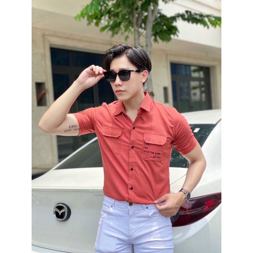 Áo sơ mi đũi tay ngắn nam, chất đũi dày dặn phối chữ thời trang - HKSM15 - Cam đỏ