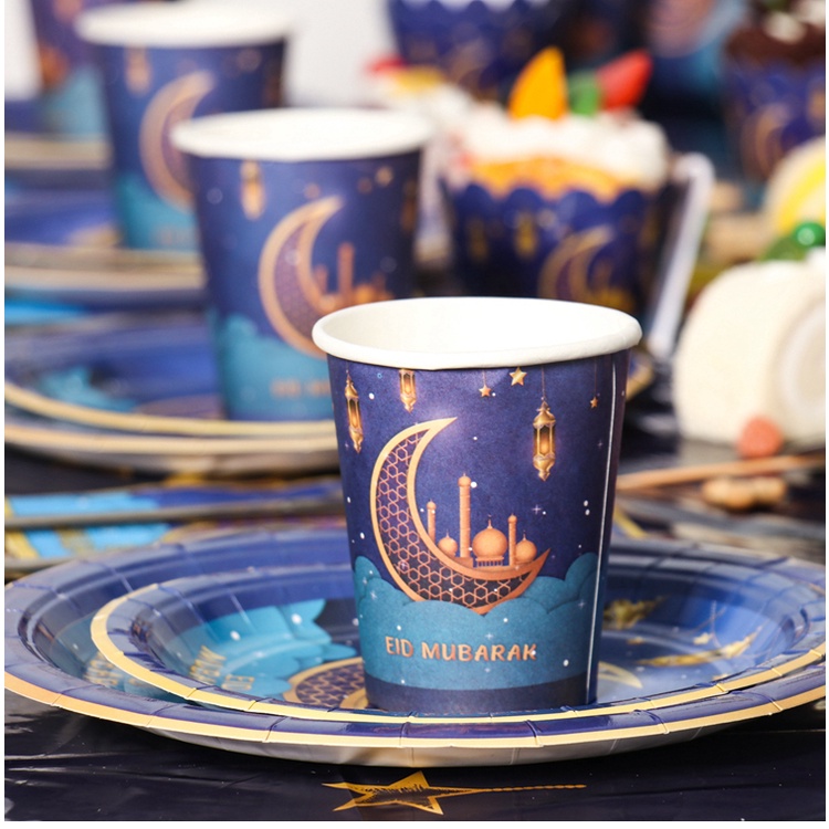 Bộ Dụng Cụ Bàn Ăn Bằng Giấy Màu Tím Dùng Một Lần Trang Trí Tiệc Mubarak Ramadan