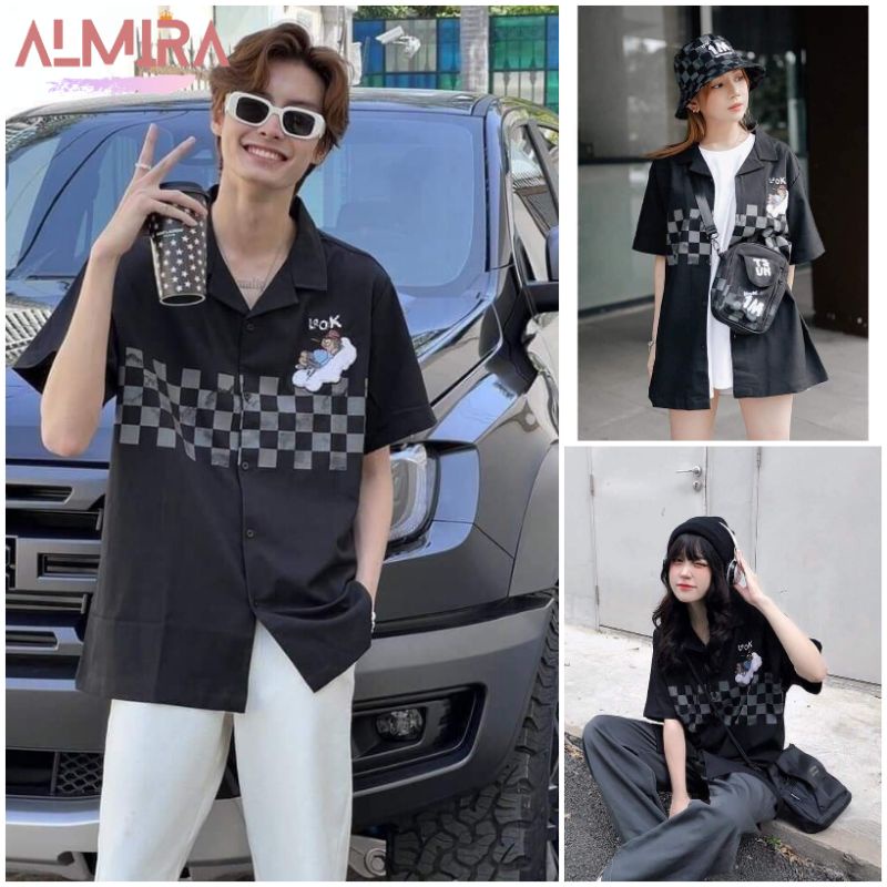Áo Sơ Mi Màu Đen Kẻ Ngực Look Form Rộng Tay Lỡ Unisex