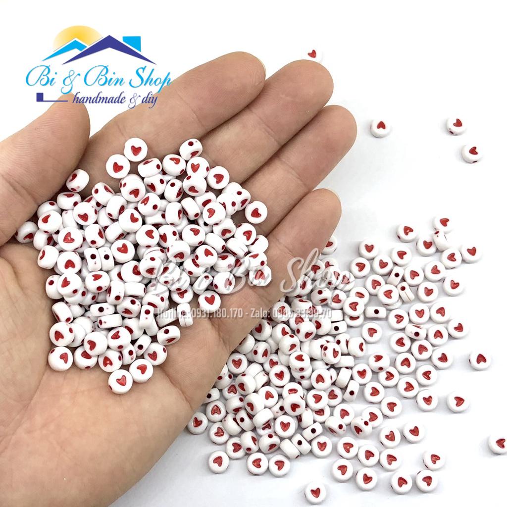 50 Cái Charm Hạt Nhựa Tròn Dẹp Hình Tim Làm Vòng Đeo Tay, Làm trang Sức Handmade