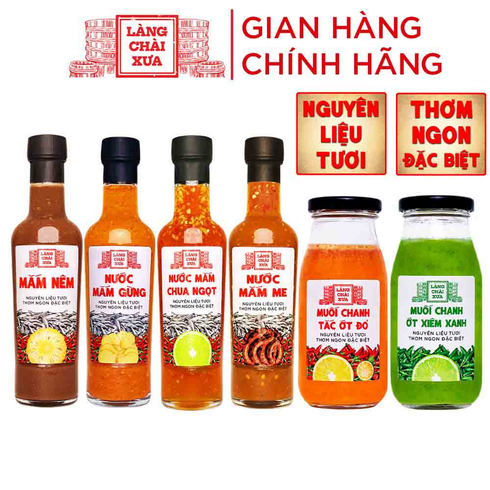 Bộ 6 chai nước chấm Làng Chài Xưa 300g muối ớt xanh, muối ớt đỏ, nước mắm chua ngọt, nước mắm gừng, nước mắm me, mắm nêm