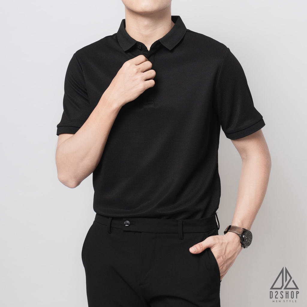 Áo thun polo nam D2shop, áo polo nam dệt kim, màu đen