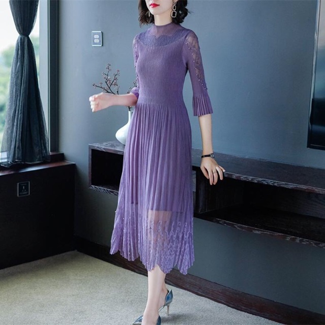 Đầm voan lụa xếp ly cao cấp kiều dáng phối ren cổ quyến rũ NP565