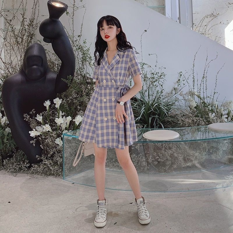 Đầm Công Sở Dáng Ôm Sọc Ca Rô Màu Tím Cỡ Nhỏ Phong Cách Hàn Quốc Thời Trang Mùa Hè Xinh Xắn Cho Nữ