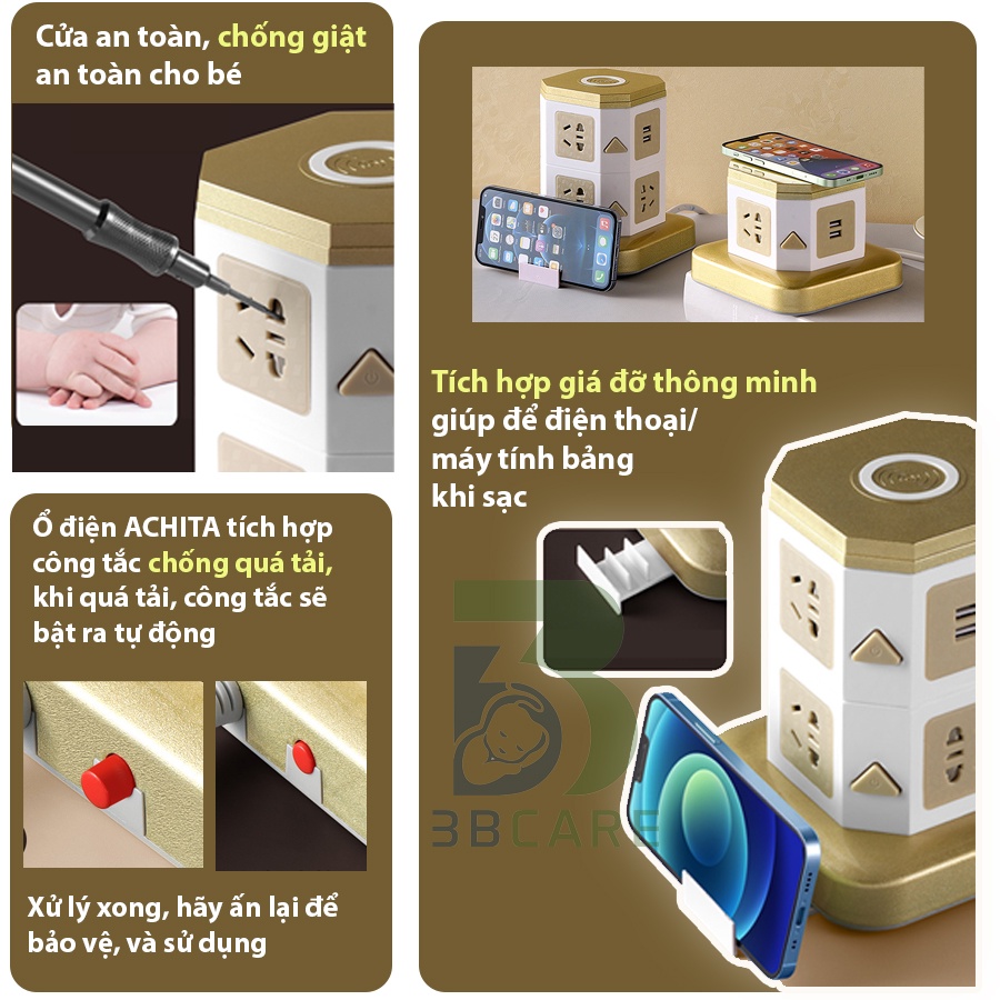 Ổ cắm điện đa năng ACHITA O10 phun nano cao cấp chống chập đoản mạch - Shop 3B Care