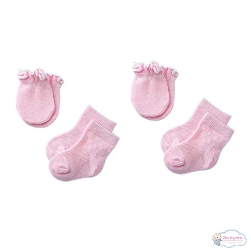 Bộ găng tay + vớ cotton mềm mại màu trơn chống trầy cho bé