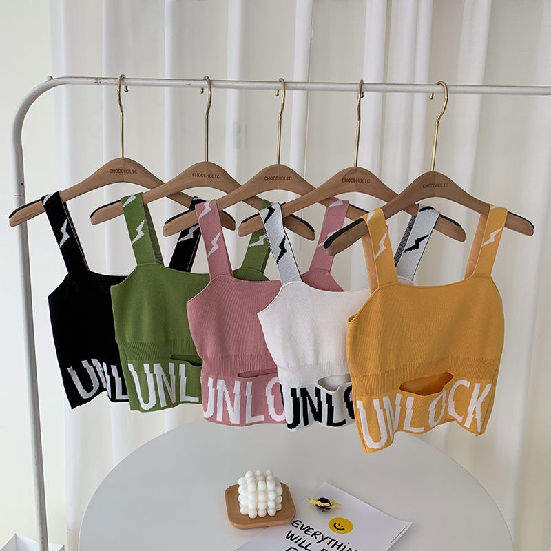 Áo dệt kim JSC không tay dáng ngắn in chữ phối rách phong cách Hàn Quốc thời trang mùa hè cho nữ