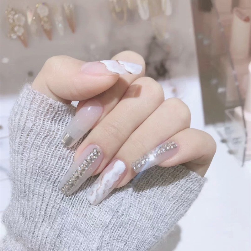 Set 24 móng tay giả đính ngọc, kim cương nhân tạo đẹp rực rỡ AP