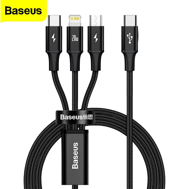 Cáp Sạc Baseus USB Type C Sạc Nhanh PD 20W 3 Trong 1 Dài 1.5m Cho Iphone 12 Pro Xiaomi Samsung Micro