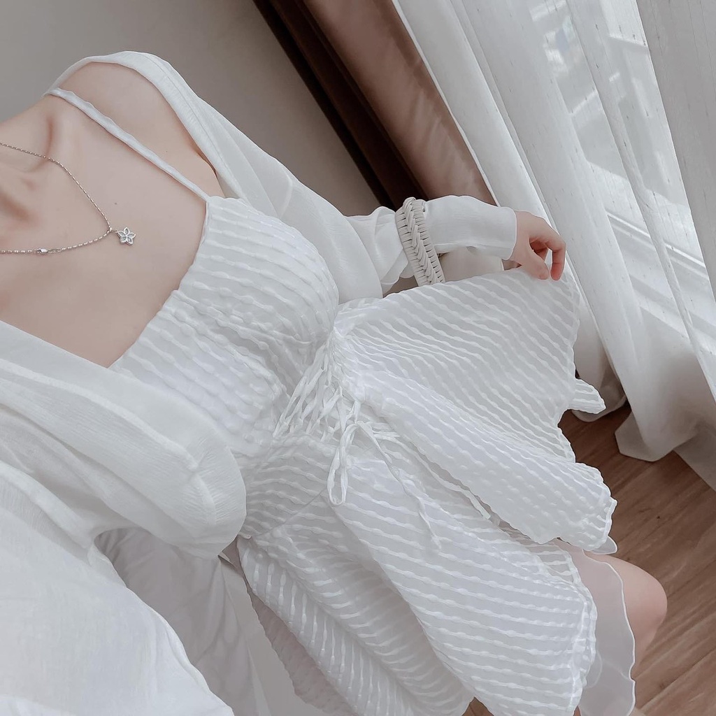 Set váy tiểu thư trắng 2 dây , đầm xòe hai tầng phối áo khoác cardigan cao cấp
