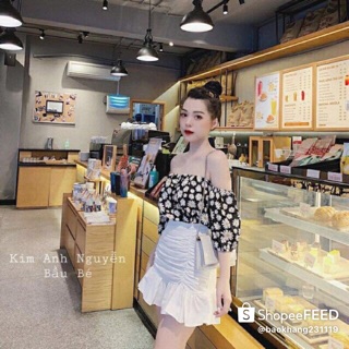 Set áo trễ vai hoa cúc + chân váy trắng