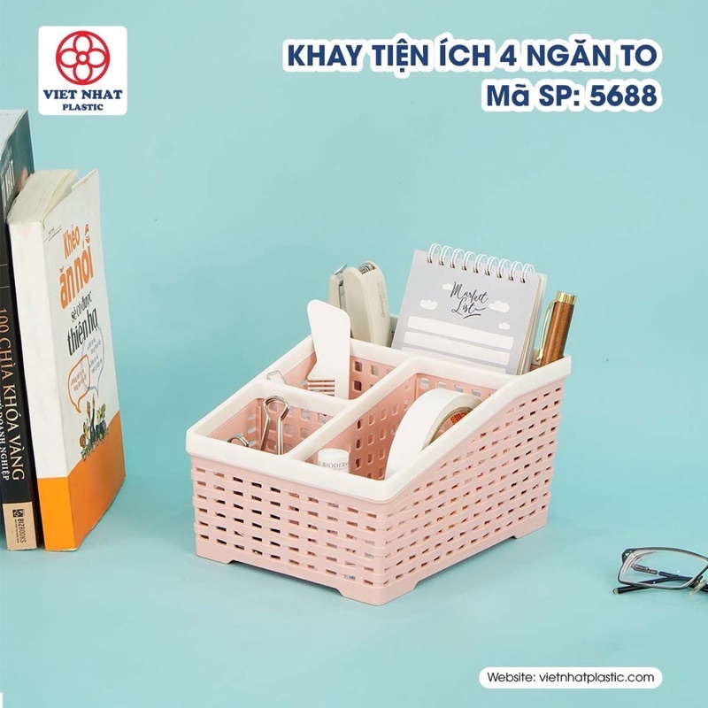 Khay nhựa tiện ích 4 ngăn để bàn đựng bút đa năng, khay nhựa cao cấp