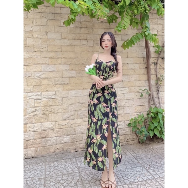 Maxi khoét eo xẻ thun 2cm Yoona