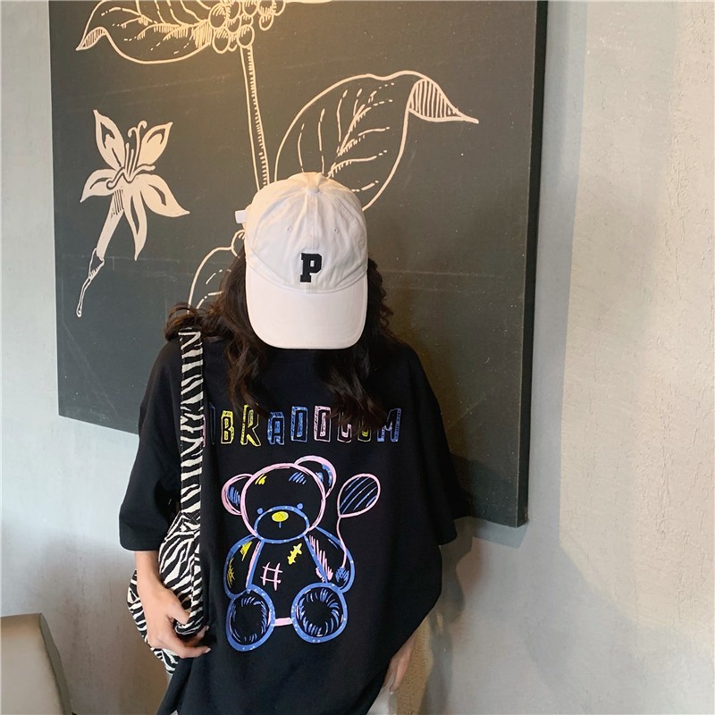 Áo phông tay lỡ unisex BEAR DRAW 2021, Áo phông nữ form rộng màu trắng đen chất cotton thời trang Ulzzang quảng châu | BigBuy360 - bigbuy360.vn