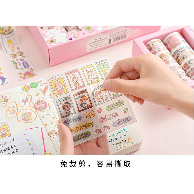 Bộ 20 phụ kiện gồm 10 băng keo + 10 miếng dán hình hoạt họa đáng yêu dùng trang trí nhật ký DIY cho nữ