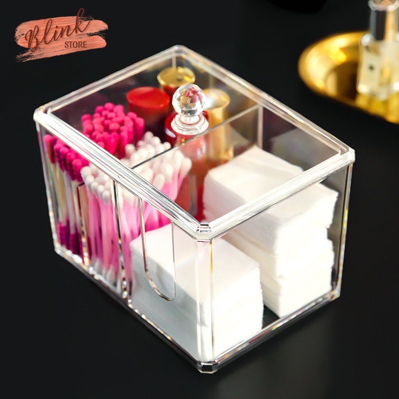 Hộp đựng bông tẩy trang để bàn rút thông minh chia 3 ngăn có nắp mica trong suốt tiện lợi, vệ sinh, ngăn nắp