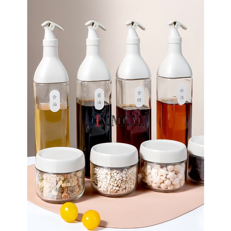 Bộ Hũ Đựng Gia Vị, Chai Đựng Dầu Ăn Kèm Kệ Roborobo Bằng Thủy Tinh Cao Cấp