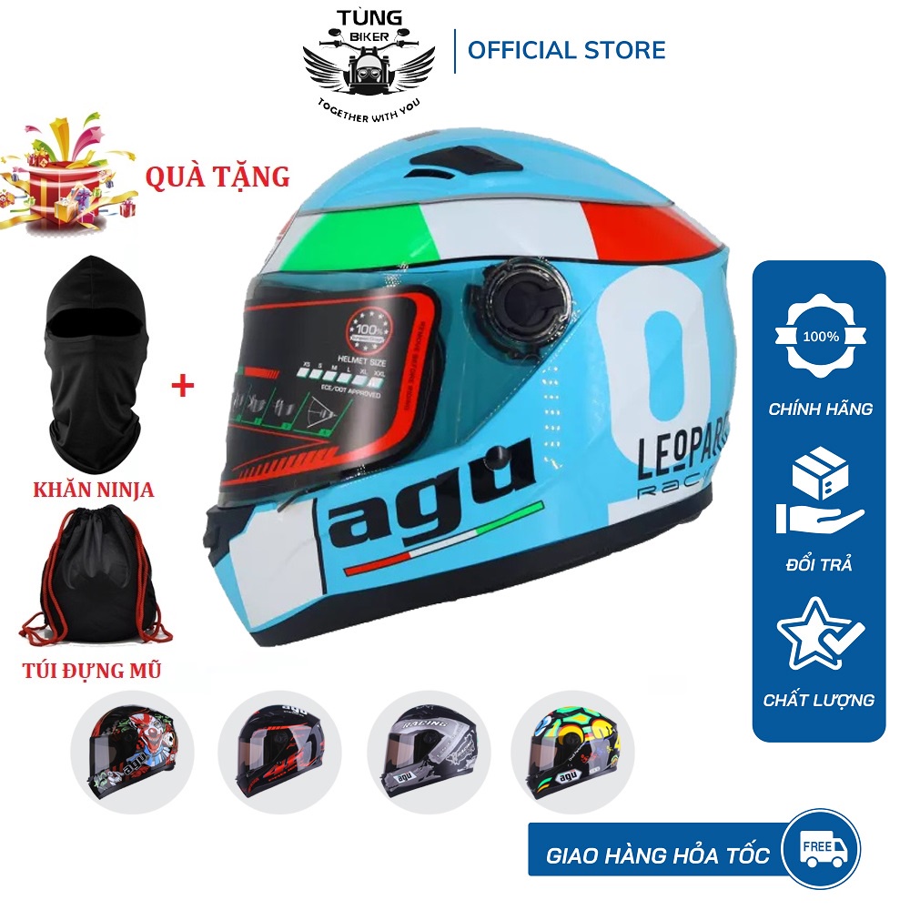 Mũ Bảo Hiểm Full face AGU Chính Hãng - BH 12 Tháng (Tặng Khăn Trùm Ninja + Túi Đựng Mũ)