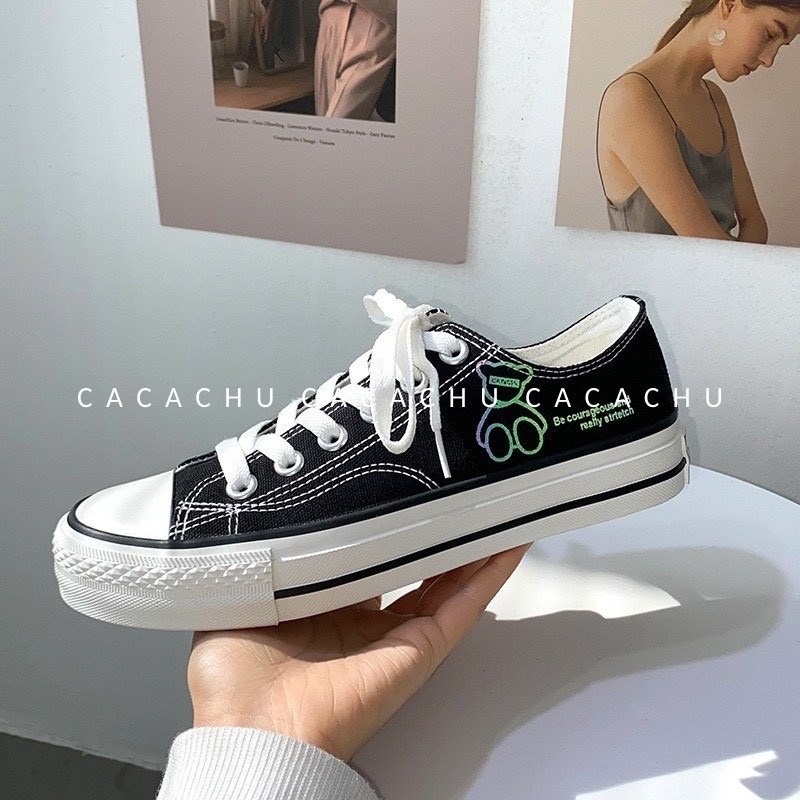 Giày sneaker nữ thể thao hot trend 2021 hình Gấu phản quang Cv đẹp CACACHU G007, đế siêu êm cổ ngắn thời trang