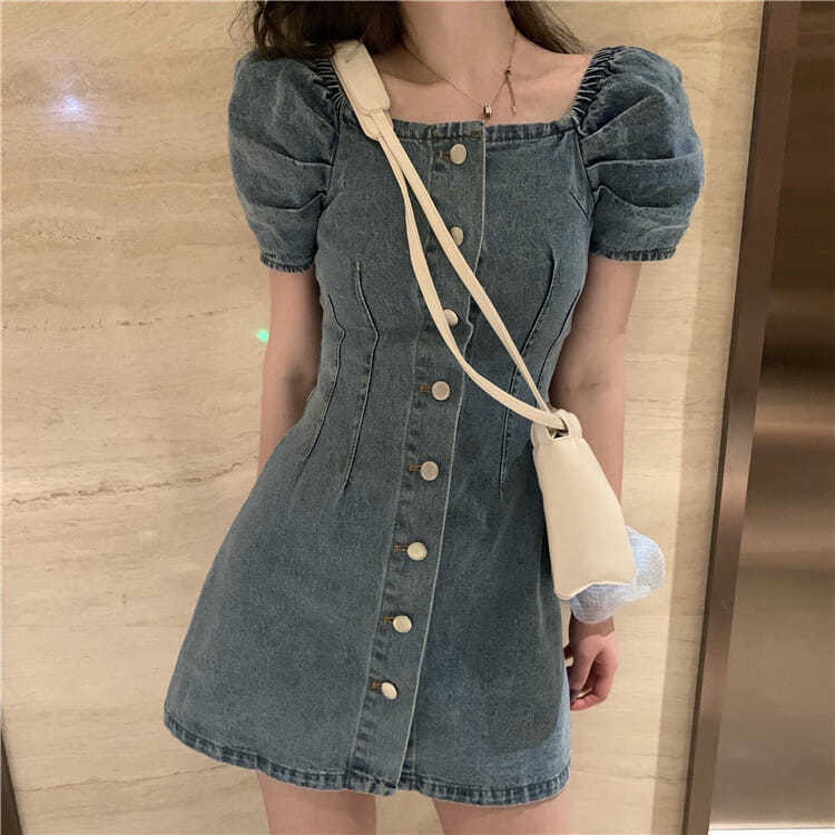 Áo đầm denim dáng mỏng thiết kế phong cách cổ điển Hồng Kông dành cho nữ