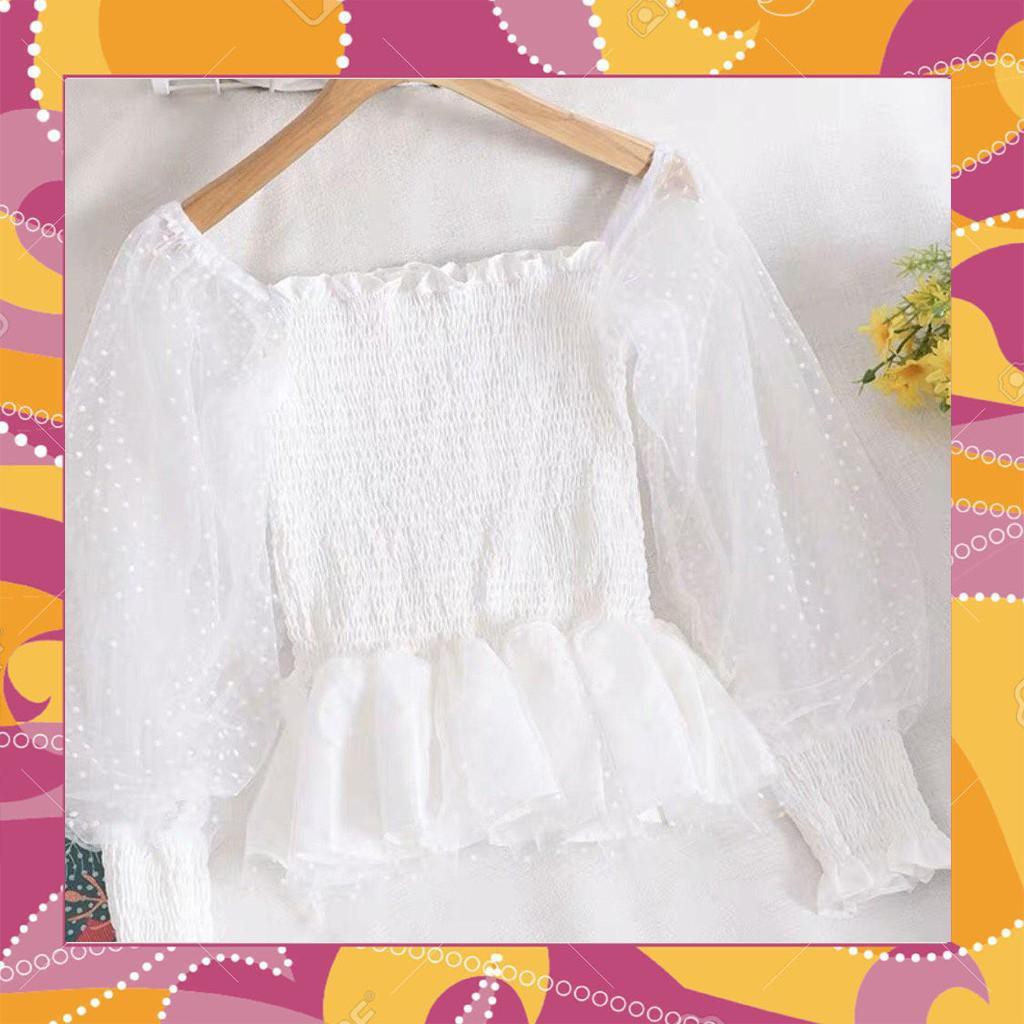 1125A26B1 Áo trễ vai peplum dài tay voan nhún chấm bi tiểu thư ngọt ngào
