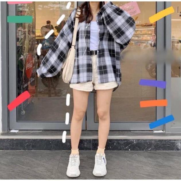 freeship Áo Sơ Mi Nữ ,Sơ Mi Kẻ Tay Bồng KOREA 2 Màu F001 | BigBuy360 - bigbuy360.vn