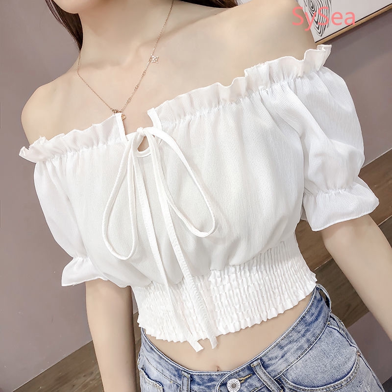 Áo Kiểu Tay Ngắn Chất Chiffon Thiết Kế Trễ Vai Quyến Rũ