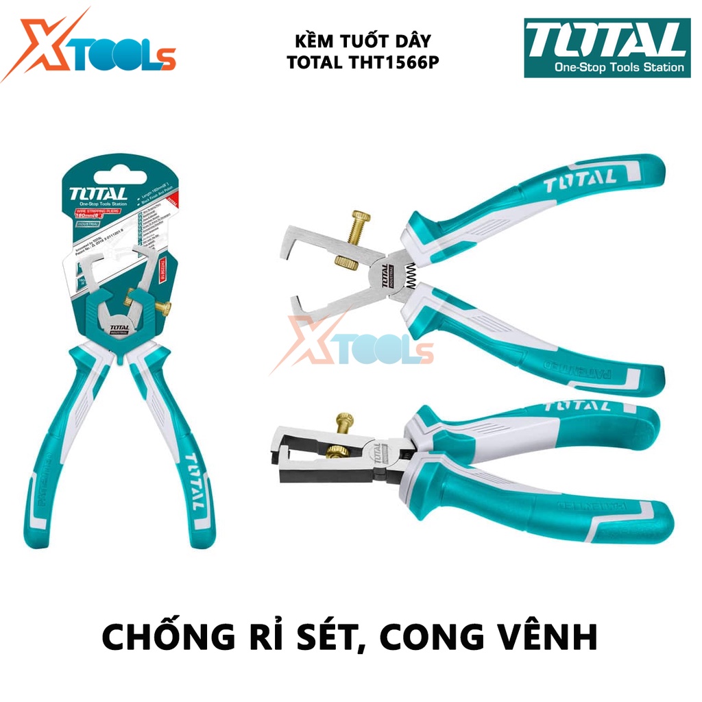 Kềm tuốt dây điện TOTAL THT1566P | Kìm tuốt dây kích thước 180mm/9&quot;,Thép CR-V, tay cầm cách điện bóc, tách vỏ dây điện c