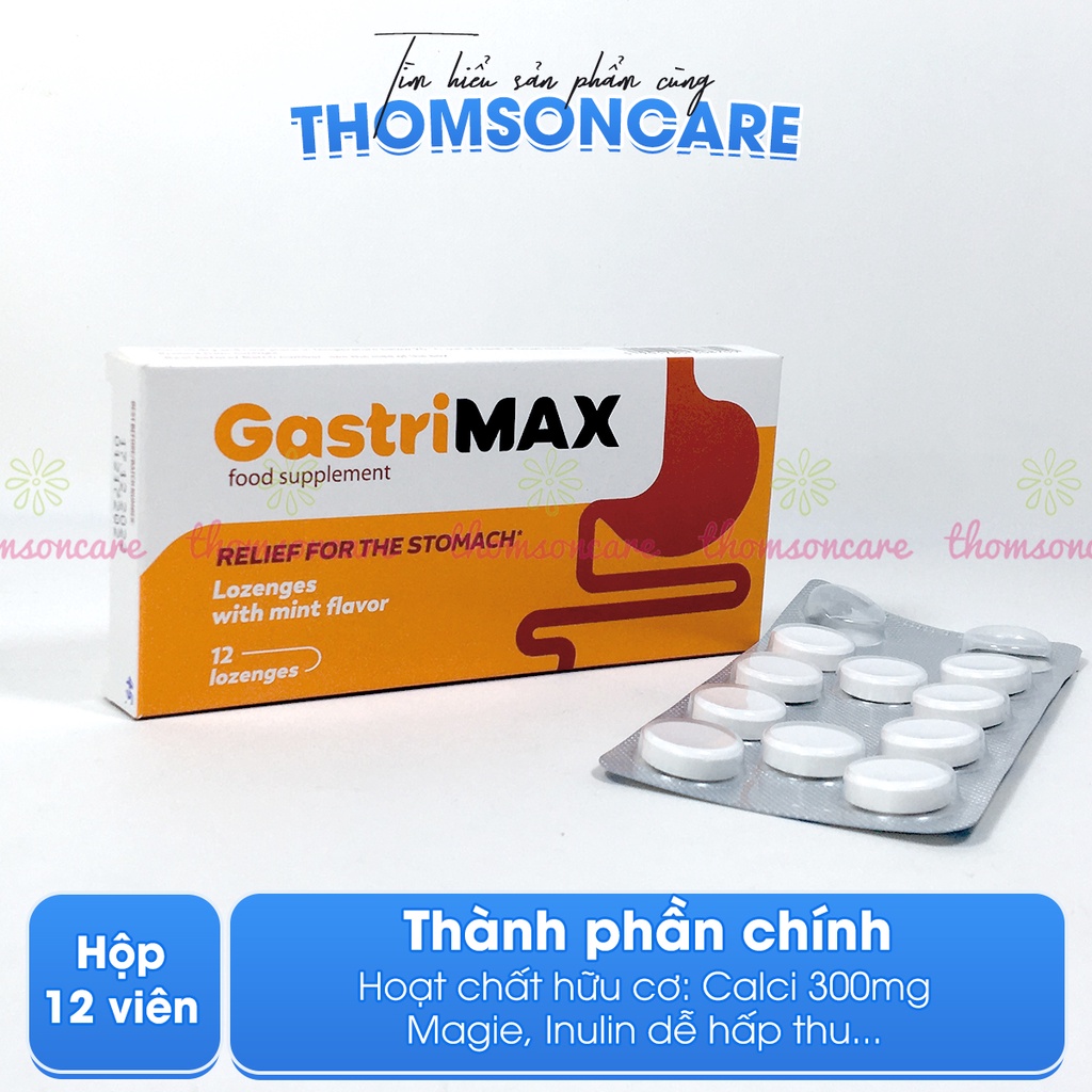 Giảm đầy hơi, ợ chua  - Viên ngậm Gastrimax giảm axit dạ dày, vị bạc hà - Hộp 12 viên