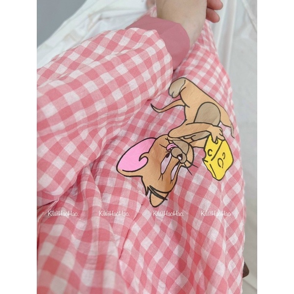 Bộ pijama mặc bầu và sau sinh có khoá ti ngực áo dài quần dài hoạ tiết kẻ ô xinh