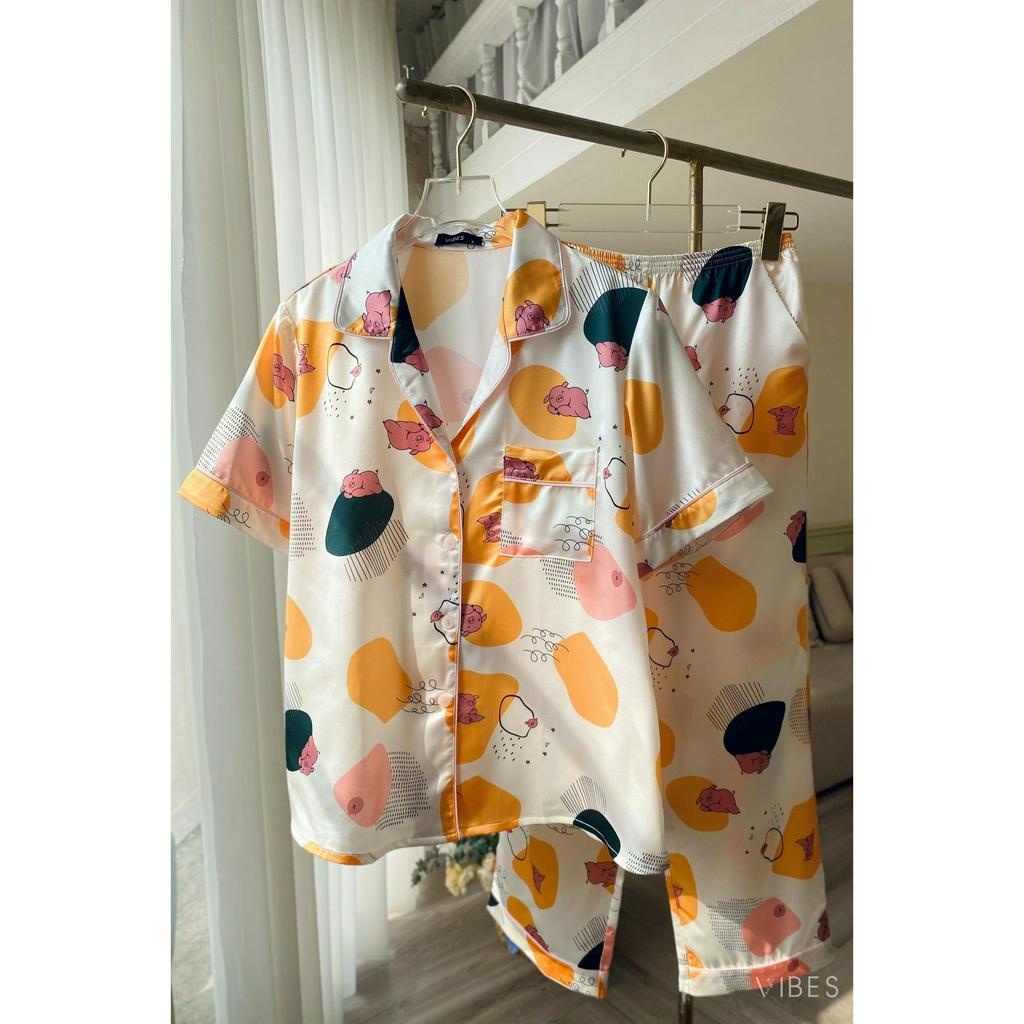 VIBES Đồ bộ pijama dài Lụa satin Piglet Long Py Set