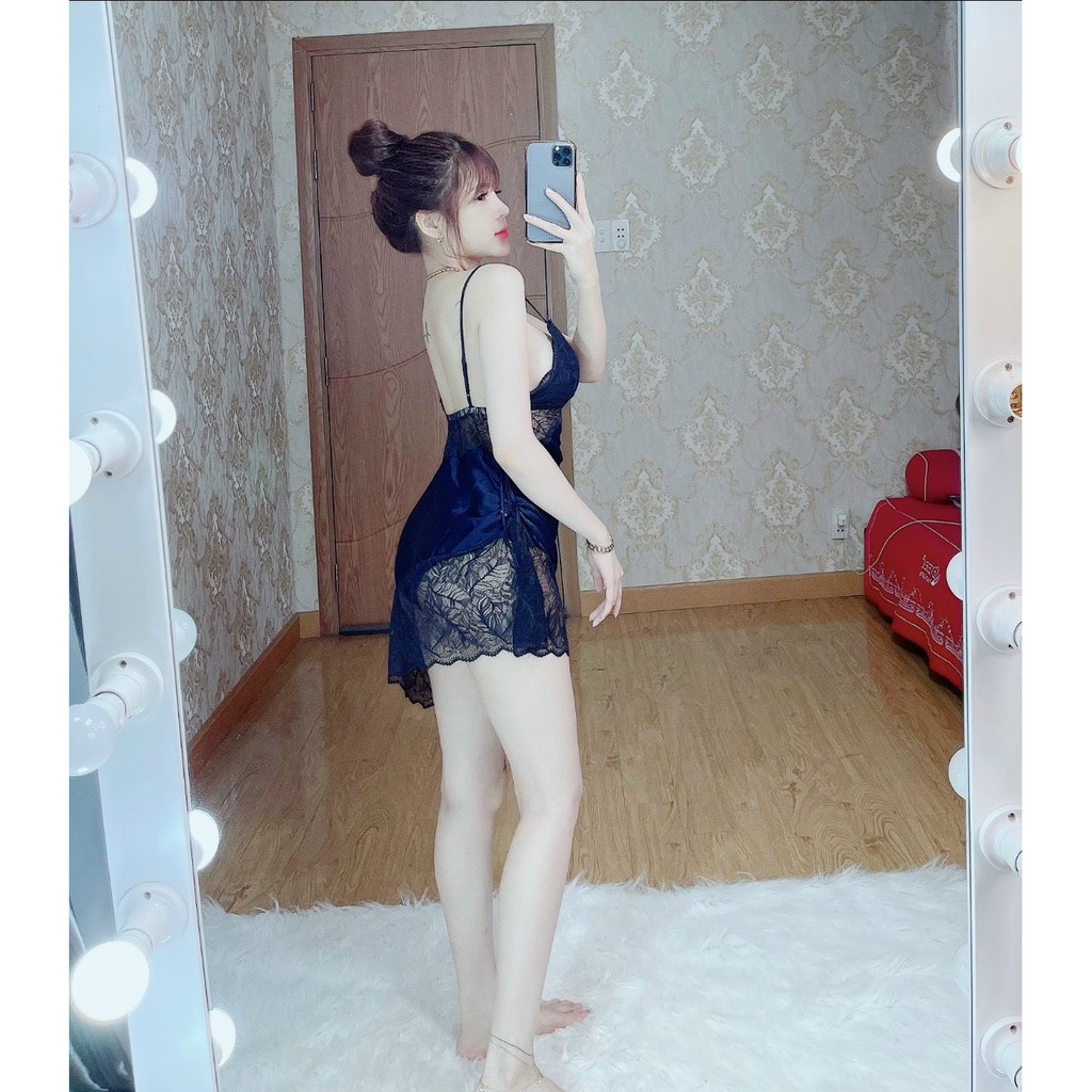 Váy ngủ sexy 💓Freeship 💓 Váy ngủ sexy ren chất satin mềm mịn hở lưng Freesize dưới 60kg- Linqu Sleepwear