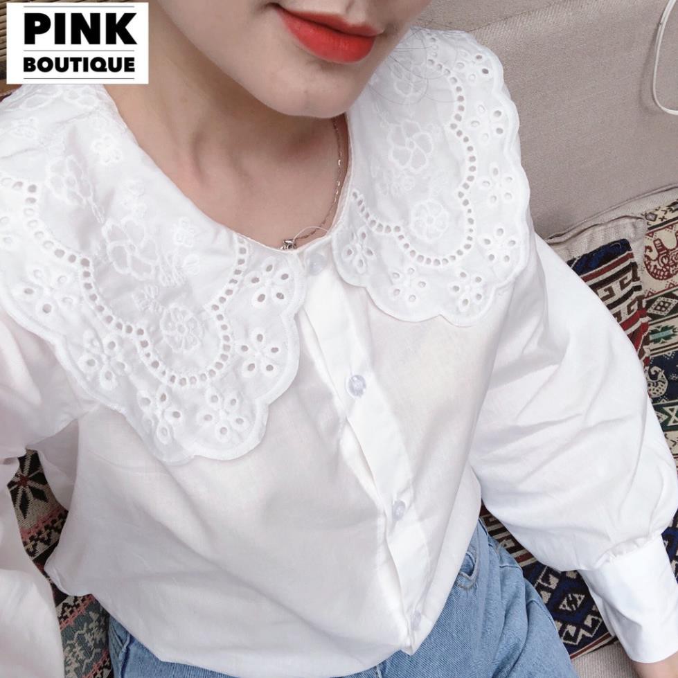 Áo Sơ Mi Trắng Nữ Kiểu Cổ Sen Thêu Thô Nhật Dài Tay Thiết Kế PINKBOUTIQUE ་