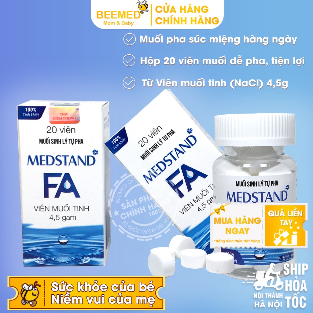 Viên muối sinh lý tự pha Medstand FA - Muối viên tinh khiết - Hộp 20 viên súc miệng, xúc họng, rửa vết thương