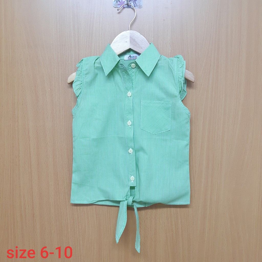 DG69-A-05 - Áo sơ mi sát nách bé gái , chất kate mềm , phối bèo , cột tà , màu xanh ca rô , size 6-10.