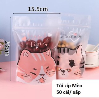 Túi zip mẫu Mèo hoạt hình love to share - Đựng bánh kẹo các loại (Set 50 túi)