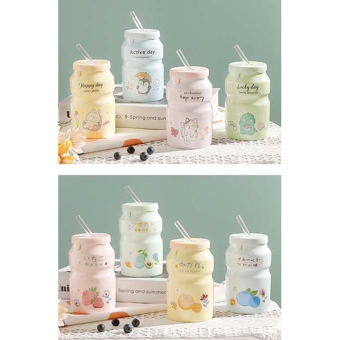 Cốc Uống Nước, 420ml Cute Cho Bé Có Nắp Sứ Decor Chịu Nhiệt Dễ Thương