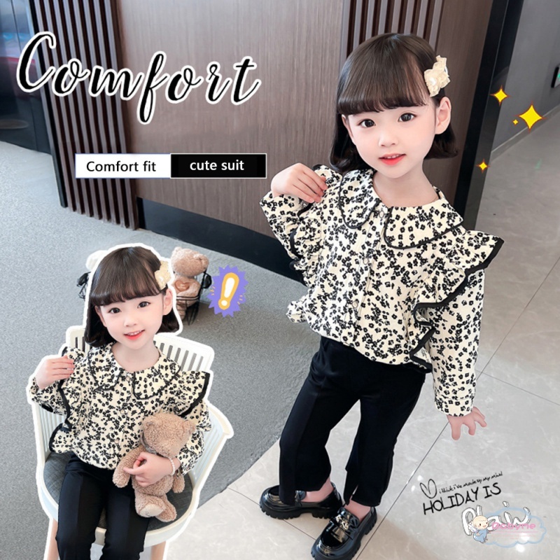 Bộ Đồ Thời Trang 2 Món Áo In Hoa + Quần Ống Loe Ôm Dáng Kiểu Hàn Quốc Xinh Xắn Cho Bé Gái