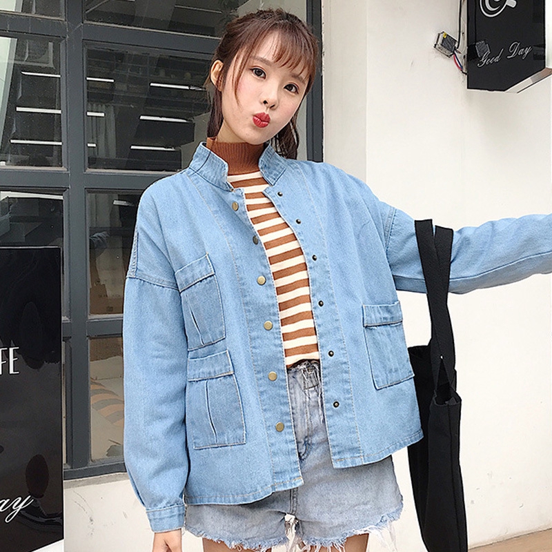 LIVEST Women's Long Sleeve Denim Jacket Single Breasted Wild Korean