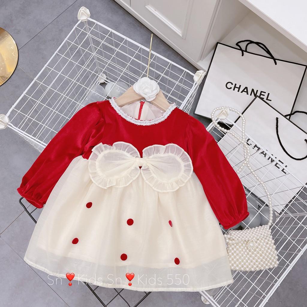 Váy nhung phối voan chấm bi dáng babydoll thắt nơ xinh xắn cho bé gái 7- 18kg