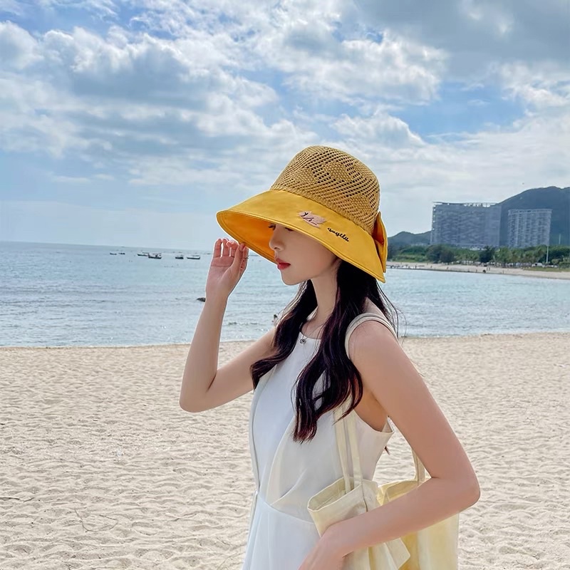 Mũ cói đi biển vành rộng thêu chữ có nơ , phụ kiện thời trang nữ