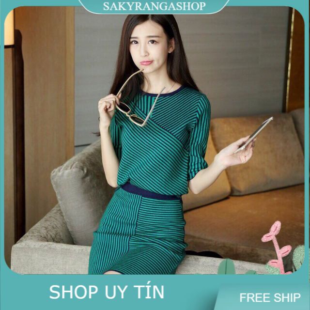 SÉT ĐẦM LEN KẺ SỌC CAO CẤP